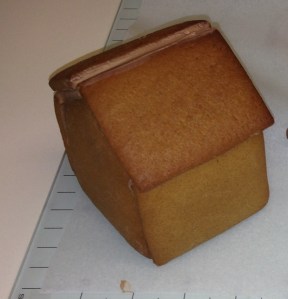 8. Place both roof pieces on and hold until they stay firmly set. Pipe additional chocolate to fill in any gaps on the top (between the two roof pieces) and at the front/back. Once it has set, you can also pipe extra chocolate inside to strengthen.