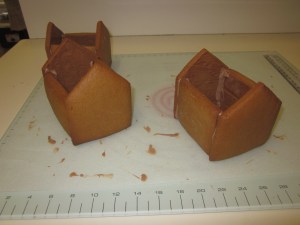 7. Base assembled ready for the roof. Pipe chocolate onto the top of the side pieces and front and back where the roof will go.